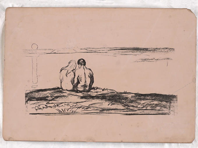 I begynnelsen lever Alfa og Omega sammen i tilsynelatende harmoni på sin øy. Edvard Munch: Måneoppgang (litografisk stein). Foto: Halvor Bjørngård, Munchmuseet